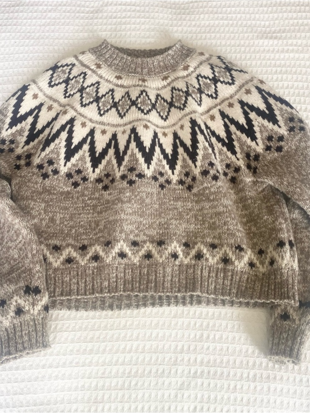 American Eagle Outfitters Cream and Brown Fair Isle Knit Sweater